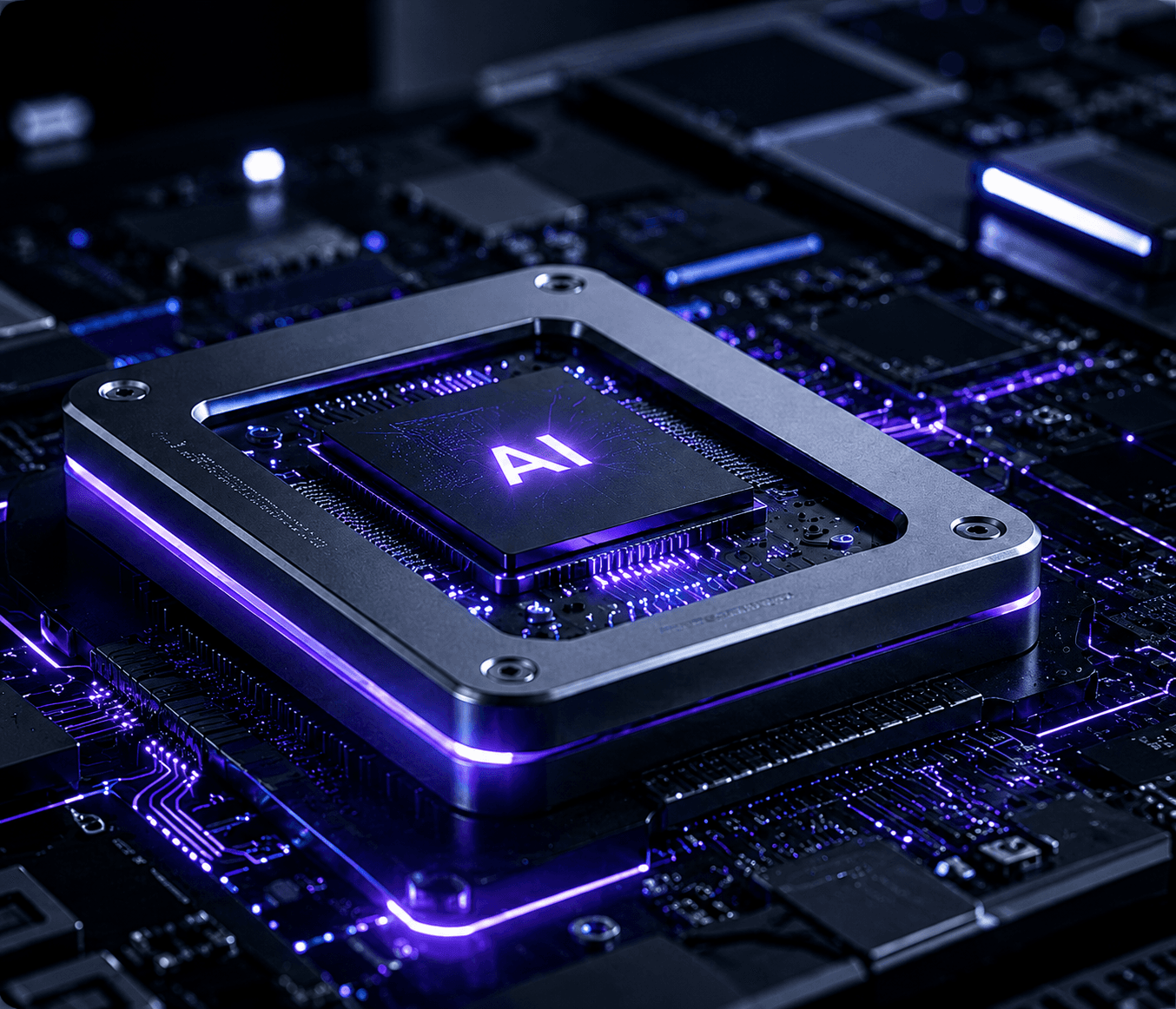 AI-chip die oplicht op een printplaat